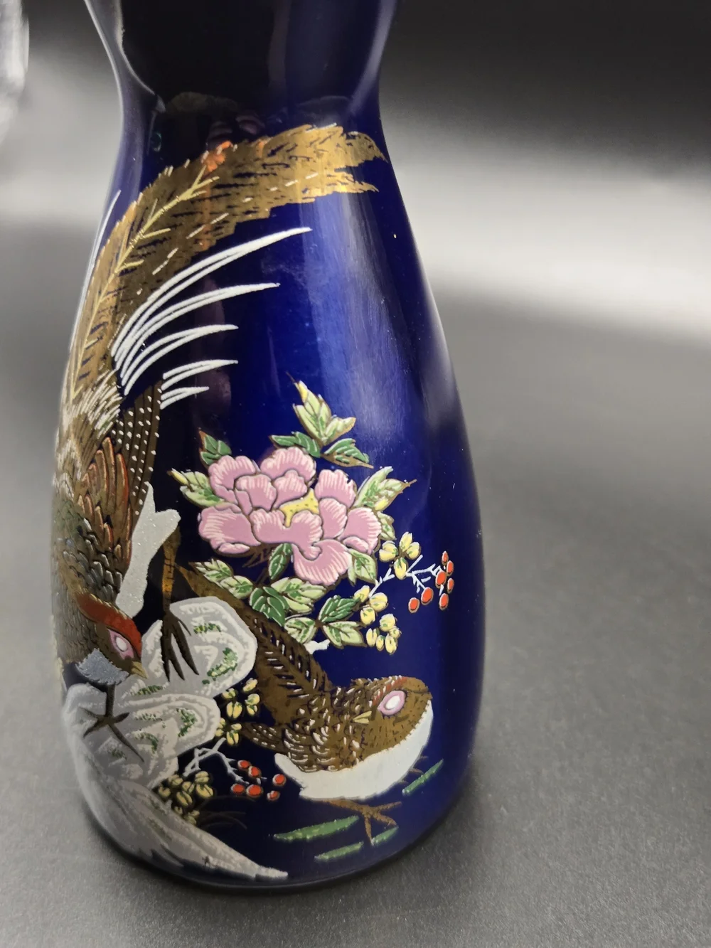 Vintage Japanese Porcelain Cobalt Blue Peacock Design Sake Bottle